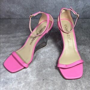 EUC‎ Stuart Weitzman Barbie Pink Women’s US 10 Clear Wedge Ankle Strap Sandals